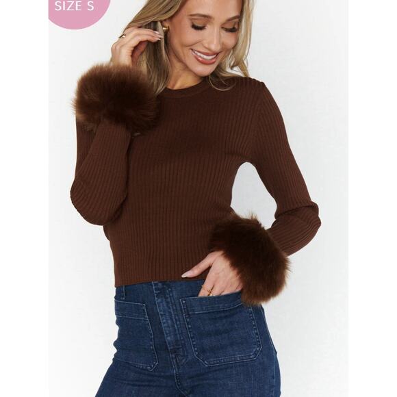 Show Me Your Mumu Tops - SHOW ME YOUR MUMU Fran Chocolate Brown Ribbed Faux Fur Cuffs Top Sz L NWT